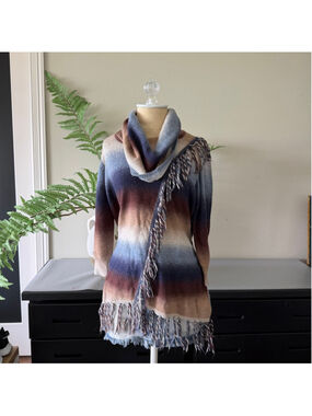 Reba Western Fringe Cowl Neck Knit Sweater Brown Cream Blue Size L